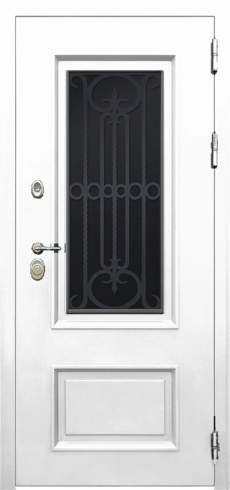 Стальная дверь Терморазрыв «Монарх с окном и лазерной резкой» белая
